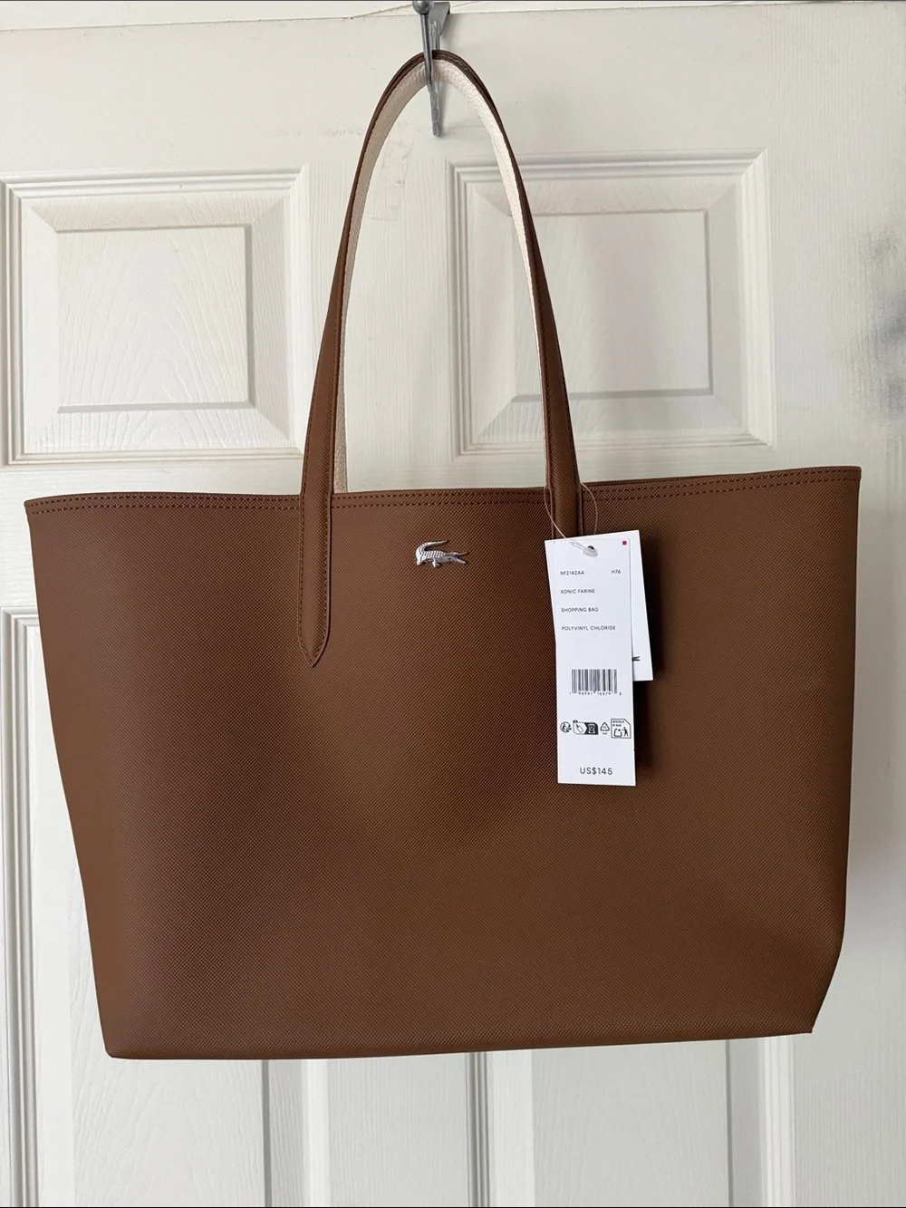 Brand new Lacoste Dark Brown Reversible Leather Tote with Croc Logo
